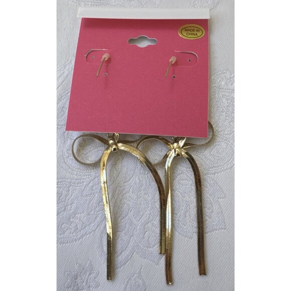 Isaac Mizrahi Goldtone Herringbone Ribbon Bow Dangle Drop Earrings 4" NEW - Picture 3 of 8
